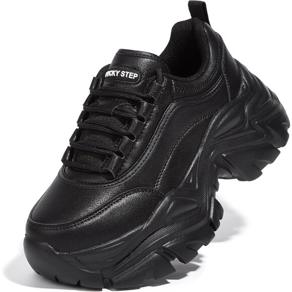 Women's Black Chunky Rubber Platform Casual Lace-Up Walking Sneaker Shoes - Picture 1 of 9